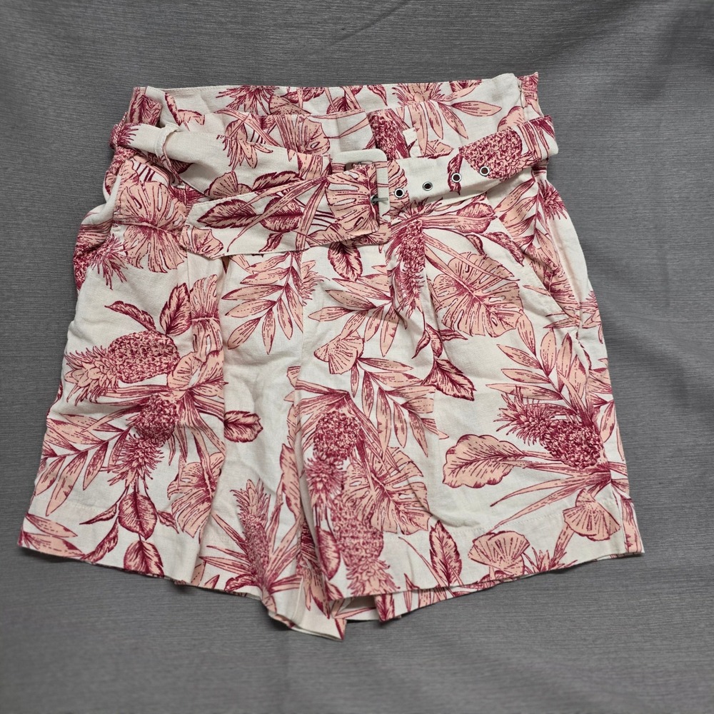Ella Rafaella Pink Tropical Pineapple Linen Blend Belted Shorts Mens Size Medium